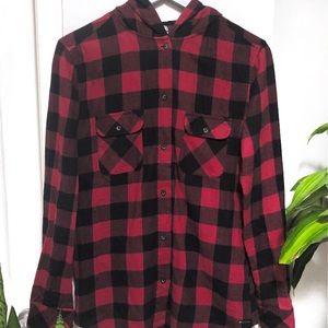 FIREFlY, Red & Black Hooded Plaid Blouse